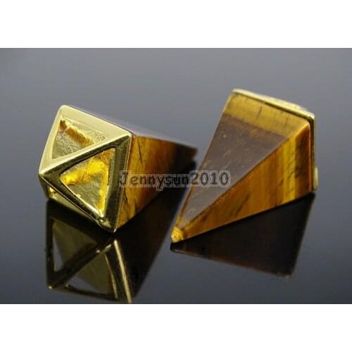Natural Tigers Eye Gems Stones Pyramid Pointed Healing Reiki Chakra Gold Pendant Beads Necklace Earrings Jewelry 5Pcs/Pack