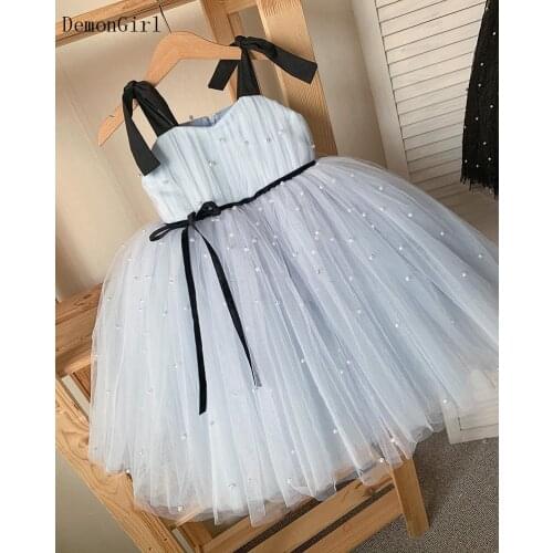 Custom Sky Blue Infant Girls Dresses Tulle Pearls Princess Knee Length Toddler First Birthday Party Gowns Photo Shoot