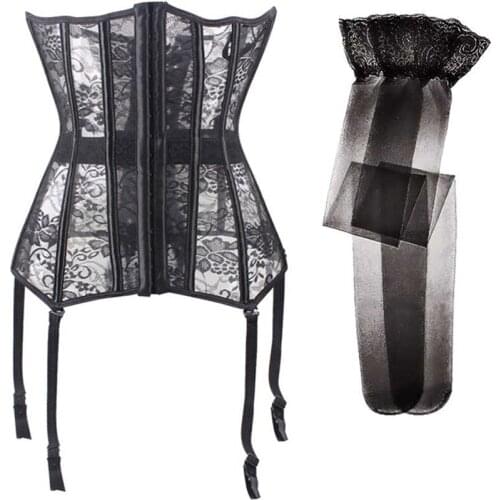 Ladies breathable stretch mesh garter with corset matching stockings
