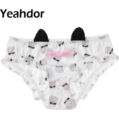 2021 Women Cute Smooth Lingerie Briefs Panties Low Waist Cartoon Cat Paw Print Cat Ears and Bowknot Underpant Girls Underwear
