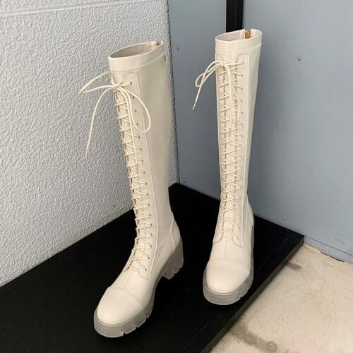 Osunlina Long Boots Round Toe Square Heels Knee High Back Zip Transparent Sole Boots Woman White Leather Lace-up Shoes A056