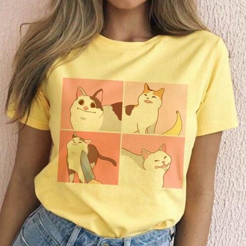 Cat Cartoon Kawaii Graphic Print Women Blouses Harajuku Aesthetic Yellow Top Shirt Tee 2020 New Summer Fashion Streetwear Blusas