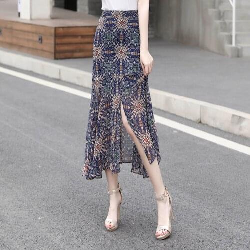 2021 Summer Women Elegant Vintage Chiffon Floral Print High Waist Split Ruffle Bag Hip Mermaid Skirts Office Ladies Femme Y612