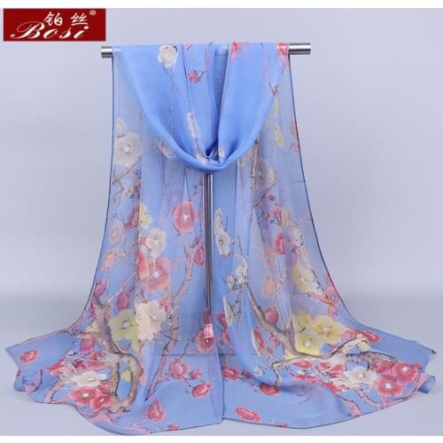 2020 blue Silk scarf women Flowers satin Soft summer Beach fashion Long scarves Chiffon Multicolor ladies shawl Free shipping