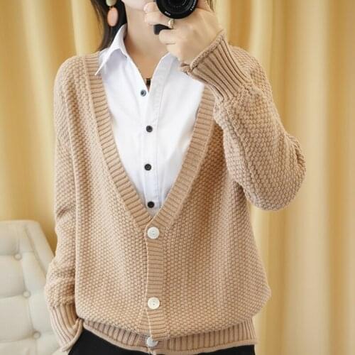 Spring Autumn New Pure Cotton Knitting Cardigan Womens Big V-Neck Casual Loose Large Size Lazy Temperament All-Match Jacket Top