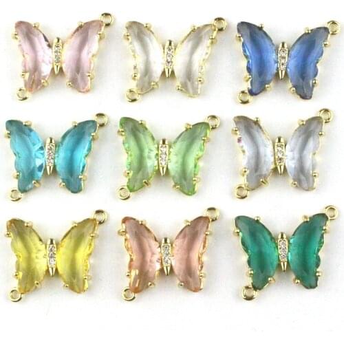 25mm 30pcs/lot Butterfly shape glass connector/pendant,plated color glass charm,necklace/bracelet jewelry component wholesale