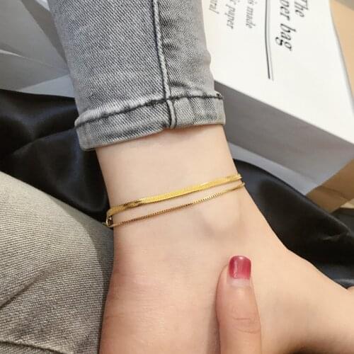 Gold Color Stainless Steel Double Chains Anklet Bracelet For Women Foot Jewelry, Minimalist Anklets Beach Sandals Accessories