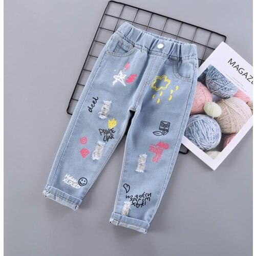 Kids Girls Graffiti Jeans Cute Pattern Pants for Girls Autumn Outwear Pants Princess Ripped Jeans Age for 2-7y GL124