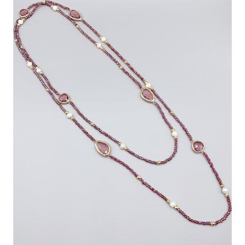 Irregular Purple Amethyst Quartz Long Necklace With 2mm Crystals and 5-6mm White Freshwater Pearls Hammered Gold Beads 50 Inch