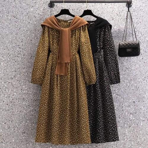 EHQAXIN 2021 Autumn Winter Womens Dresses Set New Large Size Long Sleeve Floral Dress + Sweet Knitted Shawl Two-Piece Set L-4XL