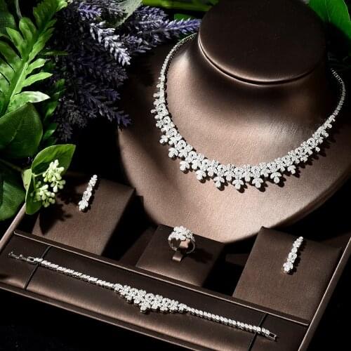 HIBRIDE Luxury Elegant 4 PCS Necklace Earrings Bracelet Ring Set for Noble Women Bridal Wedding Party Show Jewelry Sets N-49
