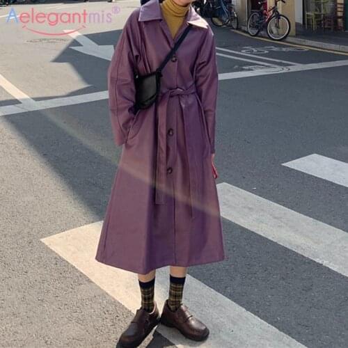 Aelegantmis Fashion Long Faux Leather Jackets Women with Belt Korean Purple Loose Pu Jacket Loose Long Sleeve Windbreaker Coats