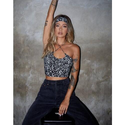 Newest Arrival Women Fashion Halter Backless Lace-up Tops Stylish Sleeveless Print Crop Top for Party Club Summer Beach