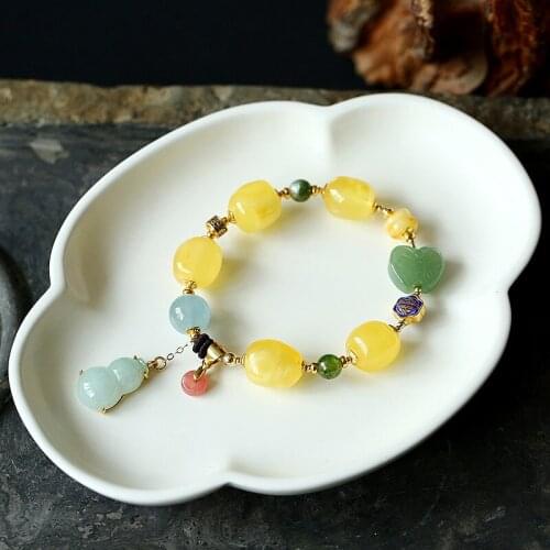 Original Beeswax Bracelet Cloisonne Accessories Natural Amber Bracelet Retro Jade Gourd Pendant Bracelet Ladies Jewelry Wholesal
