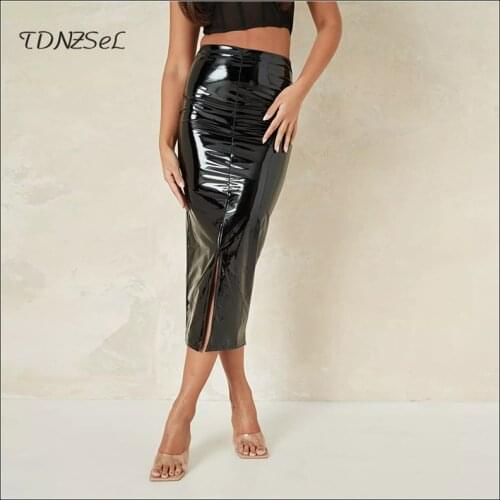 Autumn Faux Latex Leather Midi Skirts Women Sexy Skinny High Waist PU Skirts Large Size Back Hems Split Fashion Bodycon Custom