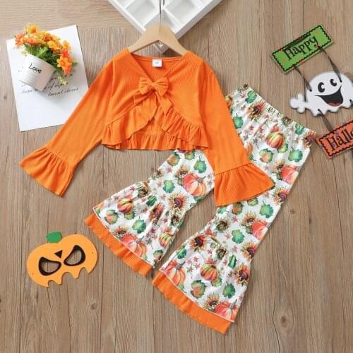 Autumn New Baby Set Long Sleeve Bow T-Shirts + Full Print Pumpkin Flare Pants Two Pieces Suit for Girls Childrens Clothing Set