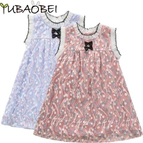 BAby Girls dress summer new sleeveless lace print dress childrens bow round neck skirt kids clothes