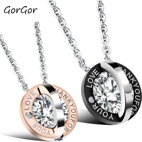 GorGor Necklace Lovers Titanium Steel Pattern Round Mosaic Rhinestones Pendant Simplicity Beautifully Accessories TX-1109