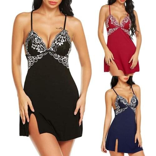 Sexy Lingerie Women Nightdress Lace Mini Dress Deep V Neck Nighties Nightgown bow sling Sleep Wear solid Sleepwear Nightwear