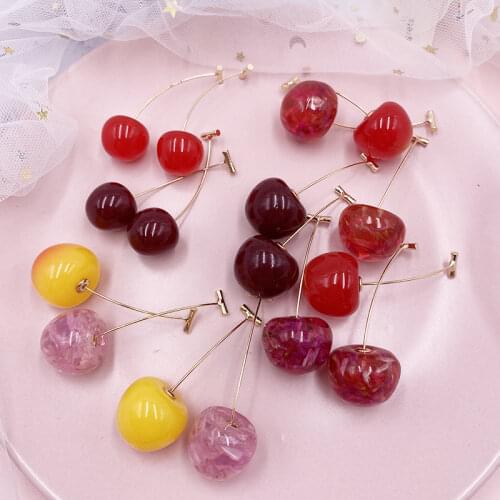 Korea Japan Sweet Clear Resin Red Cherry Earrings Gold Color Alloy Separated Drop Dangle Earrings for Women Girls Party Jewelry