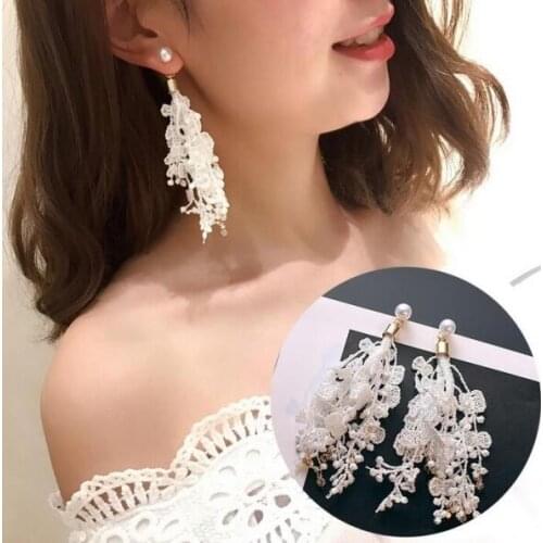 Ey173 Bohemian temperament ladies tassel lace flowers crystal imitation pearl long modern all female earrings