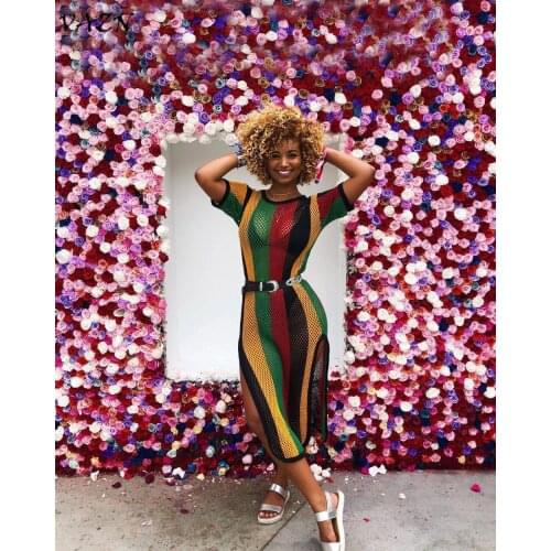 VAZN Special Design 2018 New Popular Casual Style Women Dress Striped Hollow Out O-neck Short Sleeve Midi Dress Vestido TS789