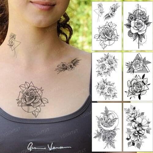 Waterproof Temporary Tattoo Stickers Ladies Flash Tatoo Geometric Lines Rose Neck Shoulder Arm Men Women Children Fake Tatto
