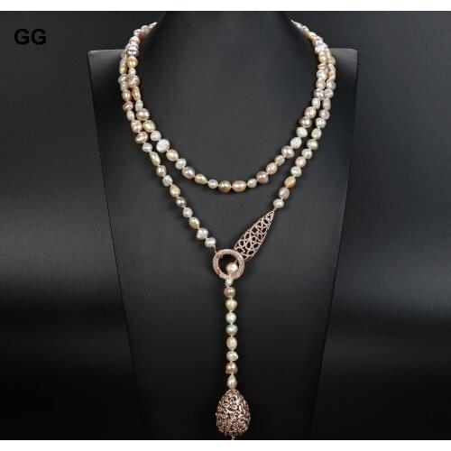GuaiGuai Jewelry 45'' Multi Color Keshi Pearl Rose Gold Color Plated Connector Necklace Cz Teardrop Pendant For Women