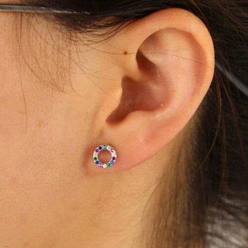 Chic Gold Color minimal round rainbow cz stud Earrings For Women 925 sterling silver Cute delicate Earrings Party Jewelry Gift