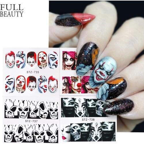 Evil Clown Halloween Nail Water Decals Stickers Skull Bone Joker Watermark Terror Theme Foils Nail Art Decoration CHSTZ731-755-1