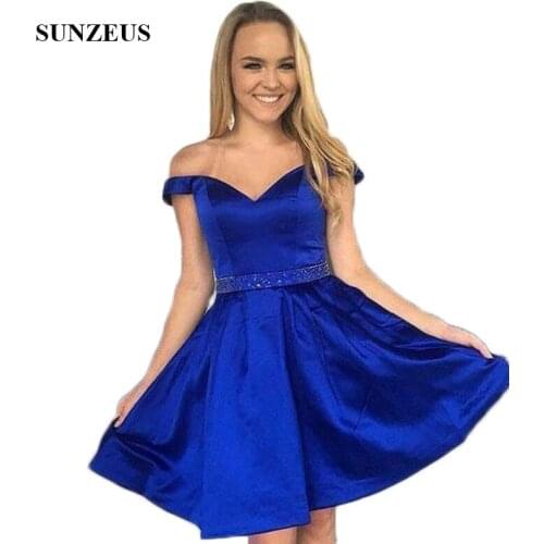 Off the Shoulder A-Line Satin Homecoming Dresses Cheap Beaded Waist Sweetheart Mini Skirt with Pockets sukienki koktajlowe