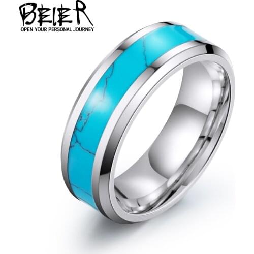 BEIER Vintage Retro Unisex Blue For Man Woman Stainless Steel Geometric Stone Ring Trendy Finger Jewelry BR-R055
