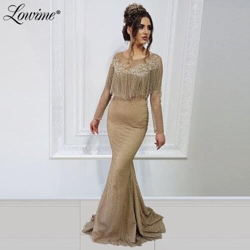 Sparkly Mermaid Evening Dresses 2020 Long Sleeves Saudi Arabic Women Handmade Beading Tassel Formal Prom Gowns Party Dress