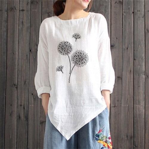 Women Round Neck Long Sleeves Dandelion Print Irregular Hem T-Shirt Loose Plus Size Pullover Autumn Casual Oversize Vintage New