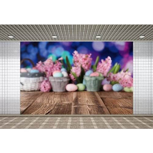 Lyavshi Easter Backdrops Basket with Eggs Spring Flower Tassel Light Wood Floor Baby Doll Portrait Photography Background