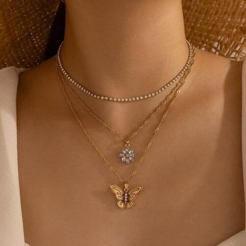 HuaTang Elegant Zircon Daisy Butterfly Pendant Necklace for Women Multilayer Tennis Crystal Chains Necklaces Female Jewelry Gift
