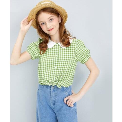 Plaid Kids T-shirts Korean Style Girls Blouses Puff Sleeve Teens Tops Short-sleeved 2021 Summer New Children Girl Shirts