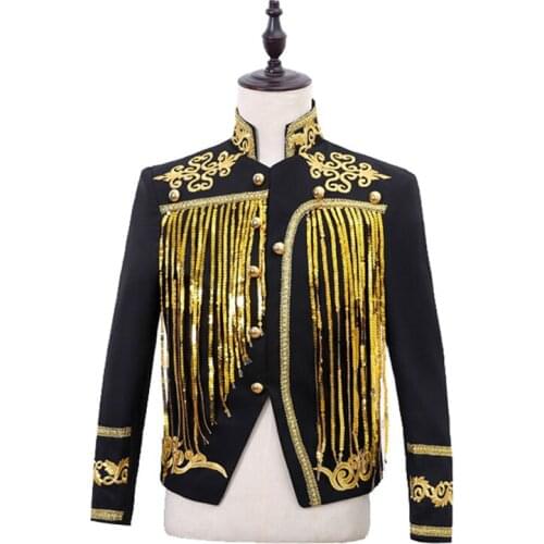 2019 Mens Gold Silver Twinkle Tassel Sequins Embroidery Double Breasted Men Slim Fit Blazer Stage Singer Suit Jacket