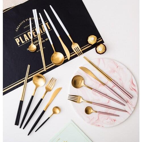 4Pcs/Set Black Gold Cutlery Set Kitchen Mirror Tableware Set 304 Stainless Steel Dinnerware Set Knife Fork Spoon Dinner Set