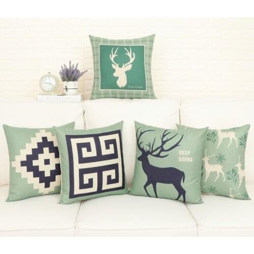 Nordic Animal Elk Deer Cushion Cover Green Geometric Pillow Cover Home Decorative christmas Linen Pillow Case