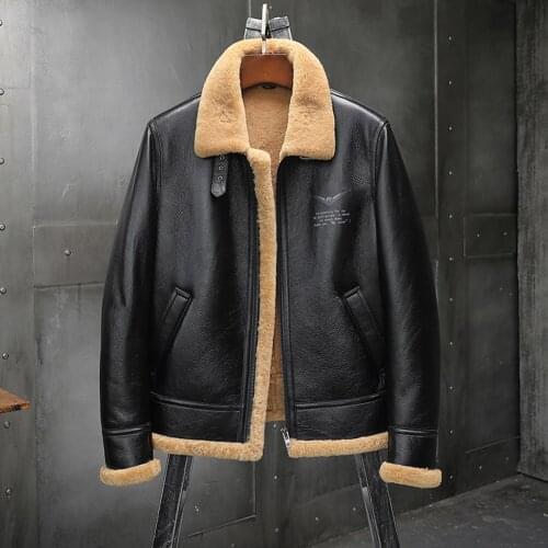2019 New Mens Black Sheepskin Shearling Jacket Motorcycle Fur Coat Leather Jacket Thick Mens Winter Coats