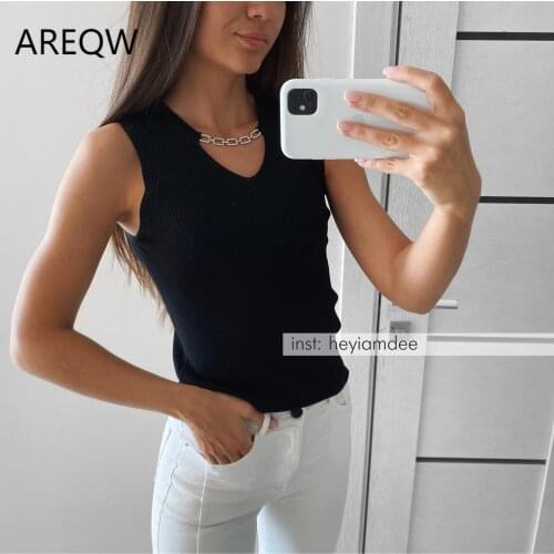 2021 New Womens Summer Clothes Knit Tank Tops with Necklace Solid Color Fashion Women Clothing