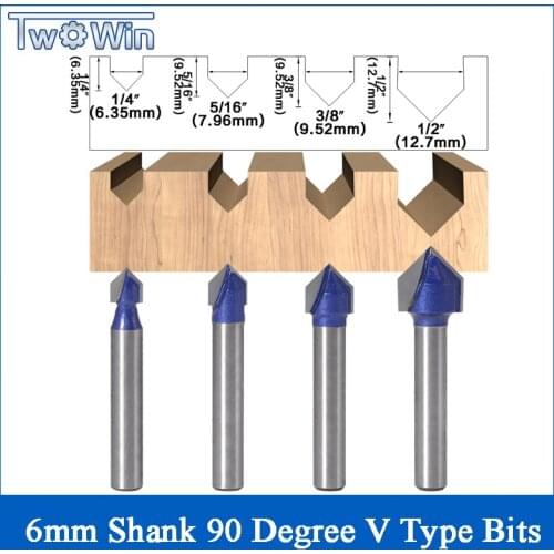 New 6mm Shank 90 Degree V Type Groove Flush Trim Router Bits Chuck Trimming Engraving Milling Cutter - 4Pcs Sets