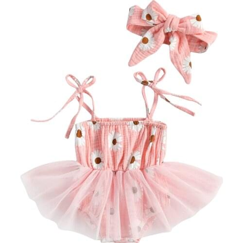 New 2Pcs Baby Girls Romper Dress Sunflowers Printed Sleeveless Belt Lace Jumpsuits Headband Set