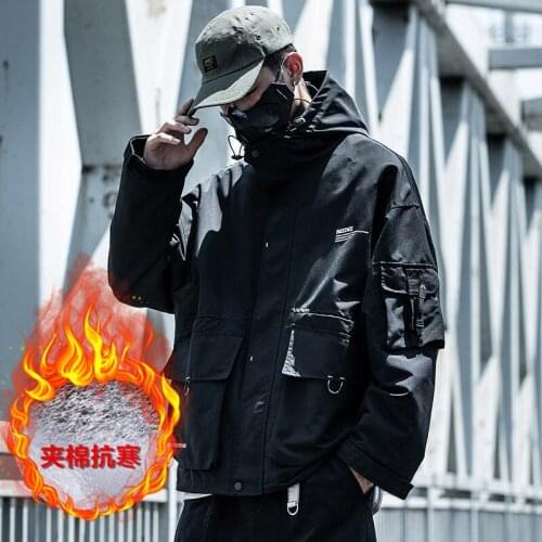 Autumn and winter 2020 black hooded tooling jacket mens street style military tactical stormsuit mens loose trench coat