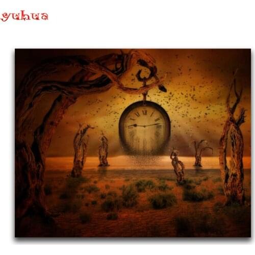 Full Round Diamond embroidery Clock Full Square Diamond painting Cross stitch landscape DIY 3D Diamond mosaic colorful fire Art