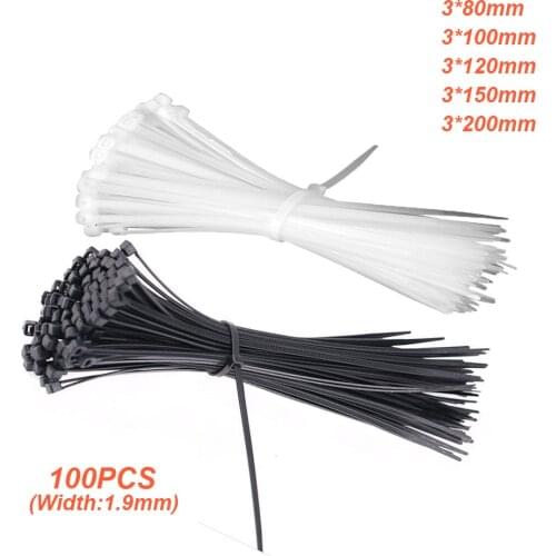 100pcs Self-locking Nylon Cable Ties White Black 3*80/100/120/150/200 Plastic Zip Ties Fasten Loop Cable Wire Wrap Strap