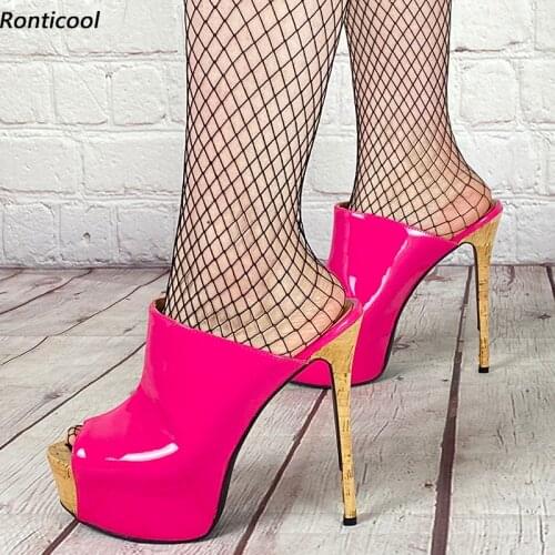 Ronticool Handmade Women Platform Mules Sandals Patent Cork Stiletto Heel Peep Toe Gorgeous 12 Colors Party Shoes US Size 5-20