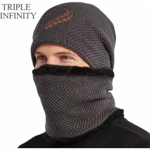 TRIPLE INFINITY Winter Knitted Beanie Mens Hat Warm Scarf Skullies Beanies Bonnet Casual Windproof Comfortable Baggy Male Cap