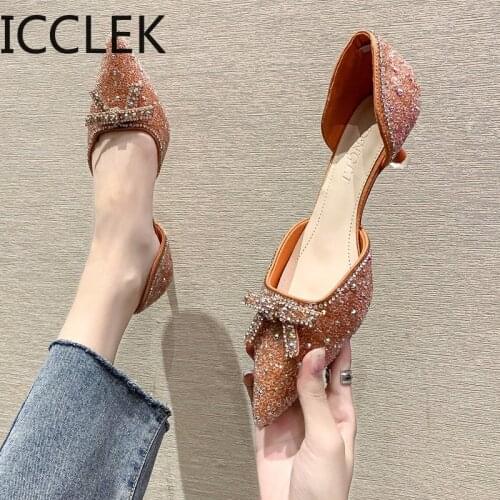 Rhinestones High Heels Pumps Women Shoes Women Sexy Party Pointed Toe Shoes Woman Beige Slip on Pumps Mujer 2020